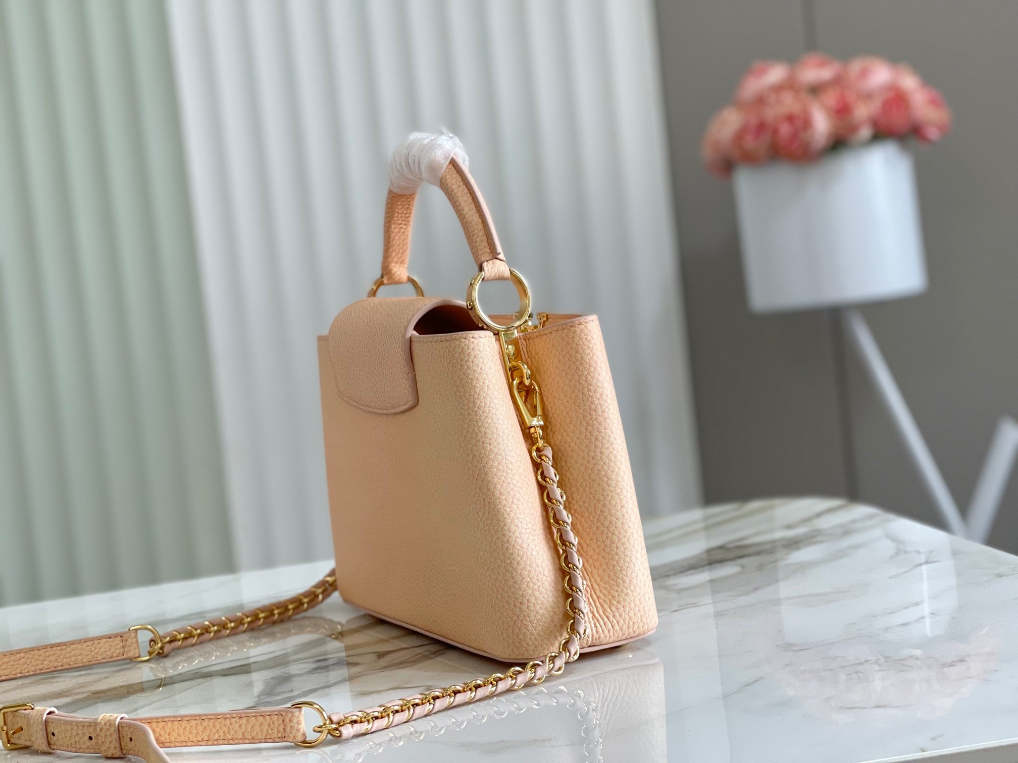 Capucines BB Handbag in Pink and Yellow with White Mother-of-Pearl