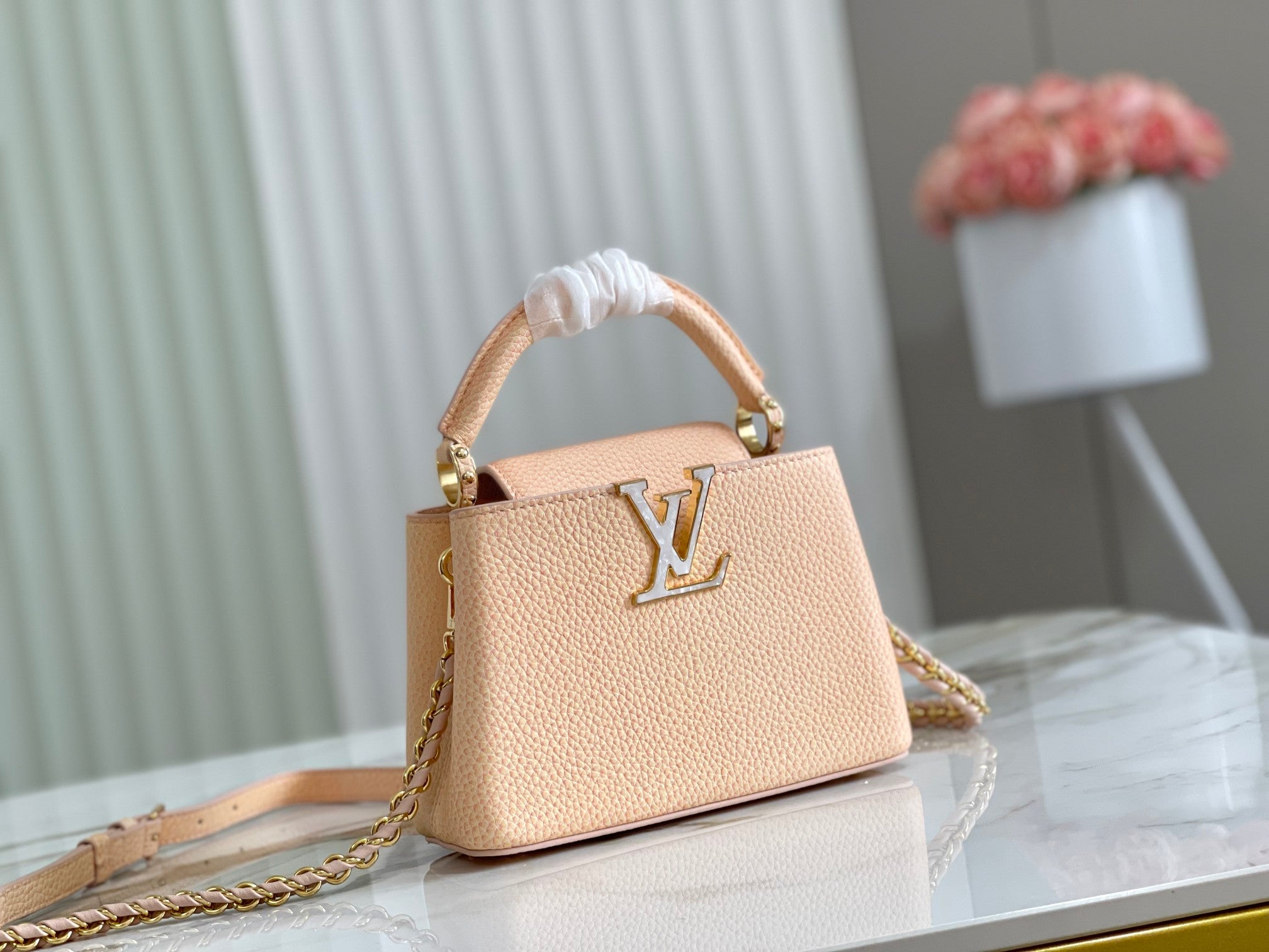 Capucines Mini Handbag in Pink and Yellow with Mother-of-Pearl Accents