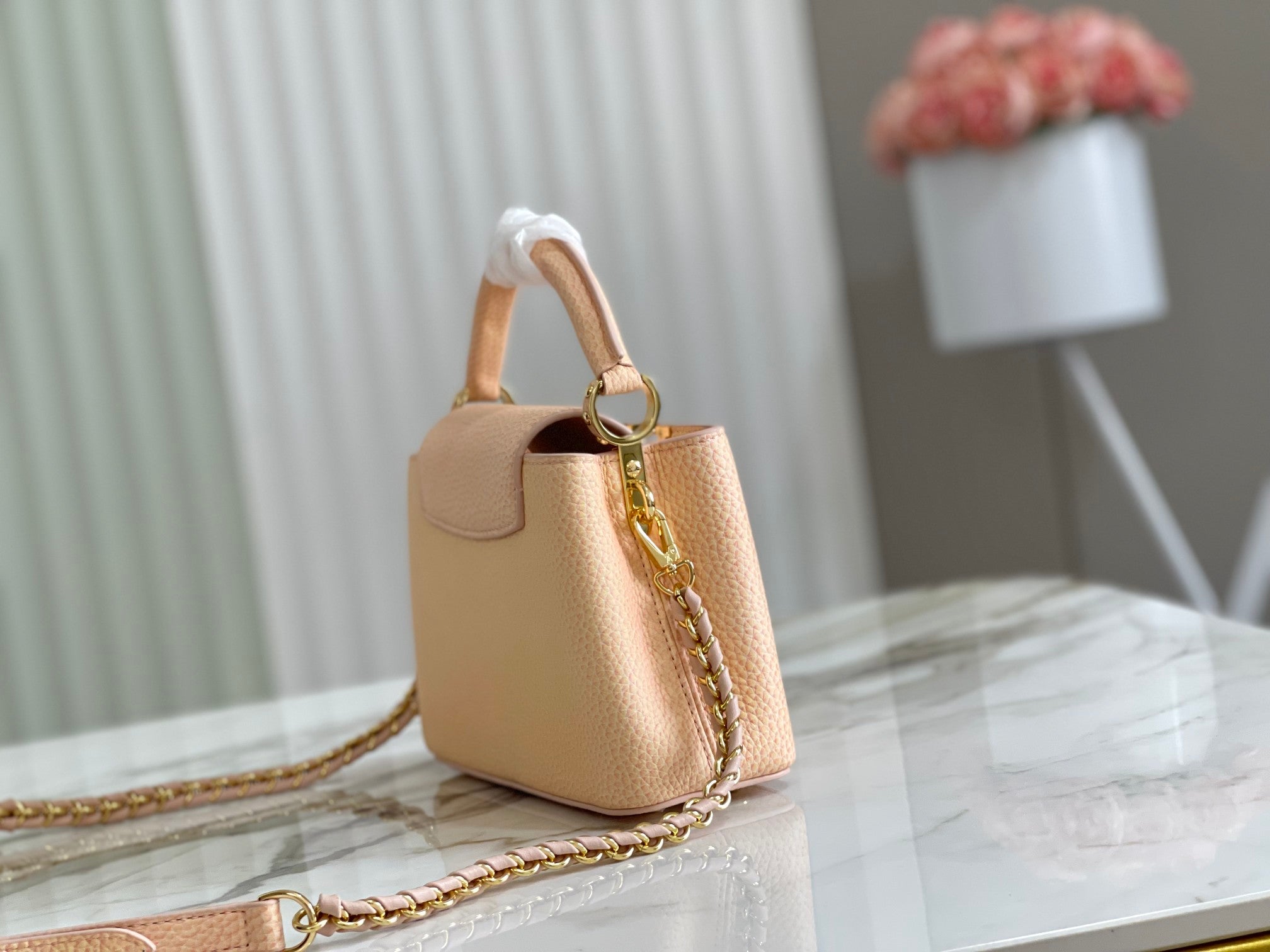 Capucines Mini Handbag in Pink and Yellow with Mother-of-Pearl Accents