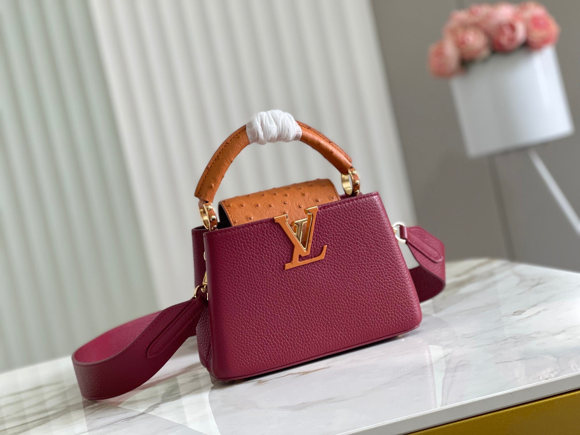 LV Capucines Mini Handbag in Burgundy Ostrich Pattern