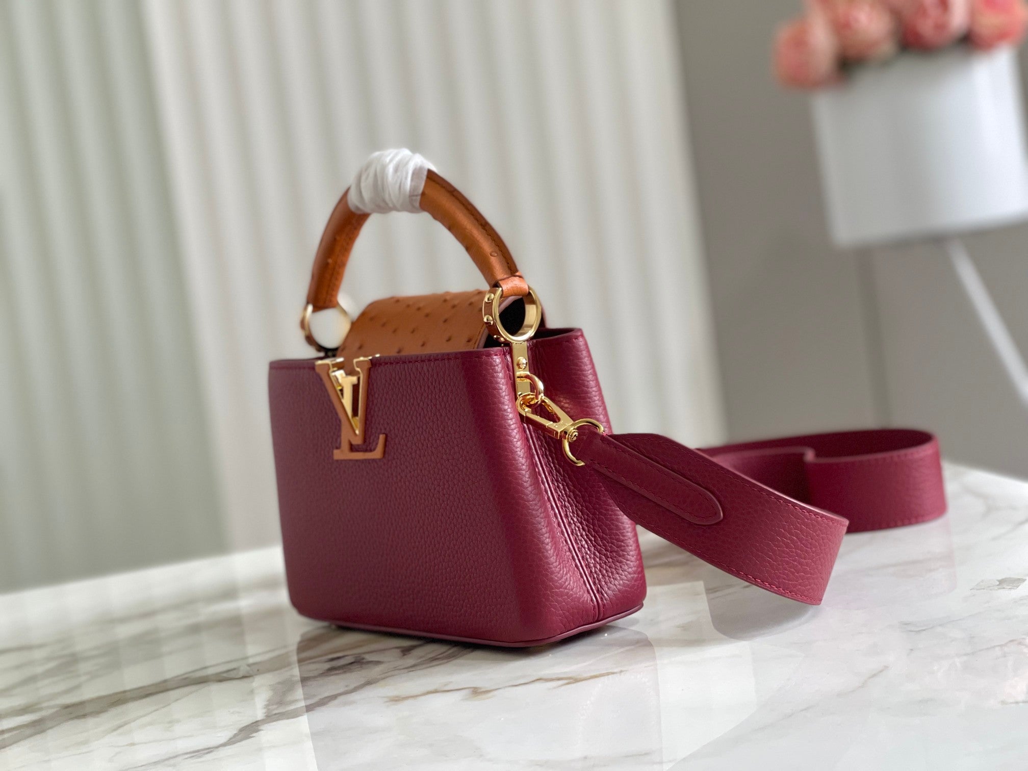 LV Capucines Mini Handbag in Burgundy Ostrich Pattern