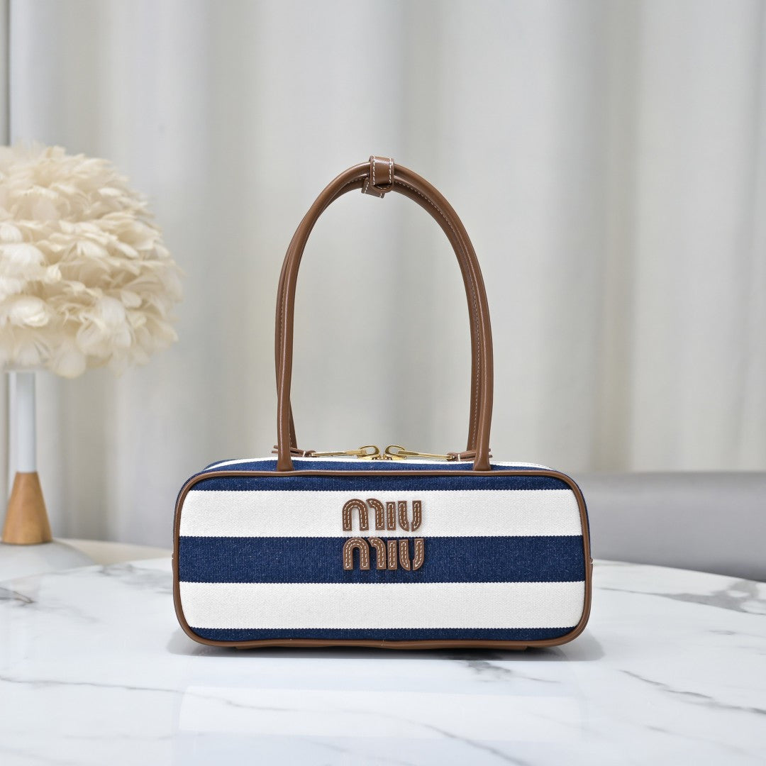 MiuMiu 5BB173 Blue Stripes Bowling Bag - Soft Calfskin