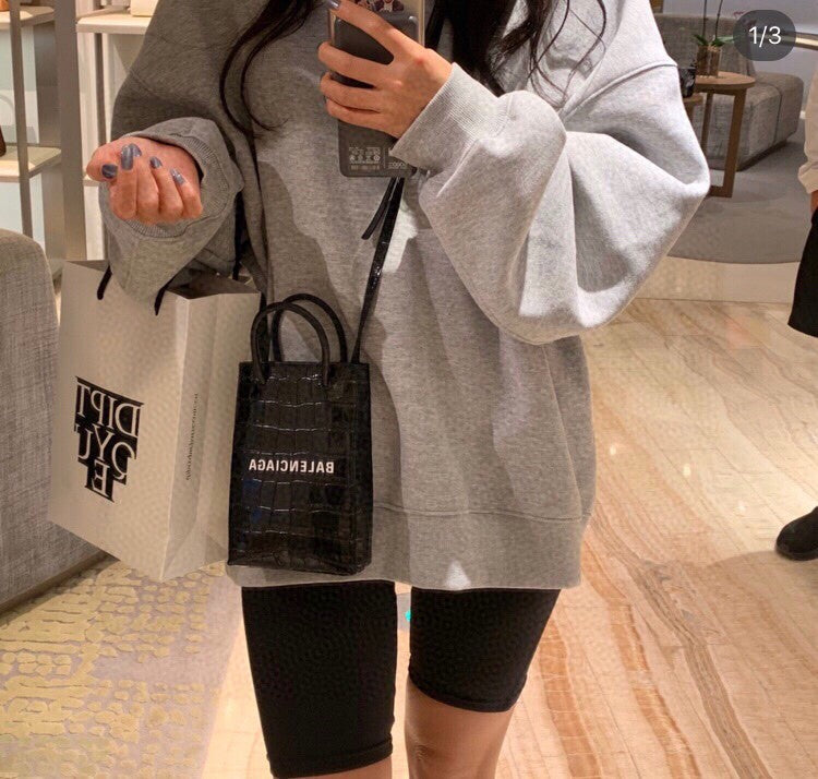 Balenciaga-Inspired Black Crocodile Skin Mobile Phone Bag