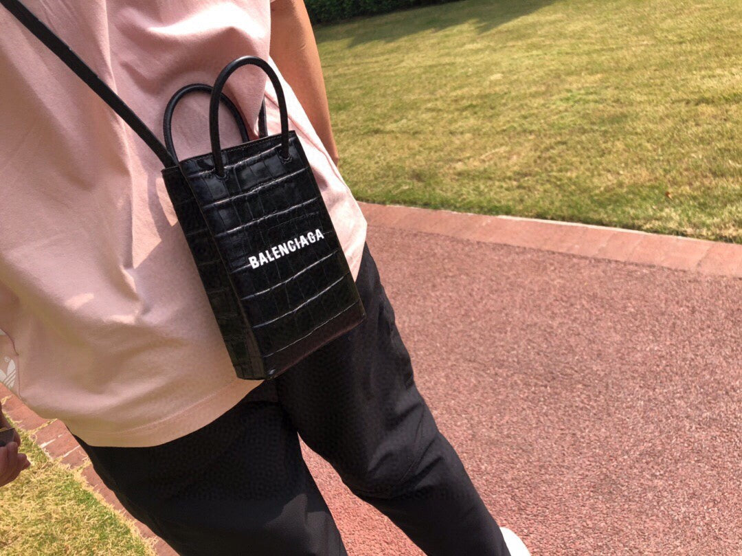 Balenciaga-Inspired Black Crocodile Skin Mobile Phone Bag