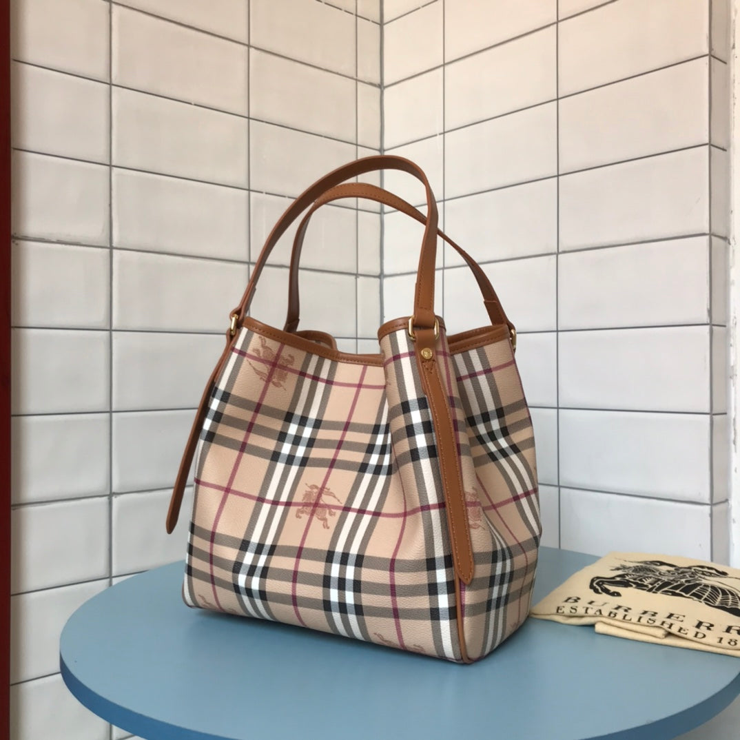 Classic B Family Tote Bag - Plaid PVC with Leather Accents