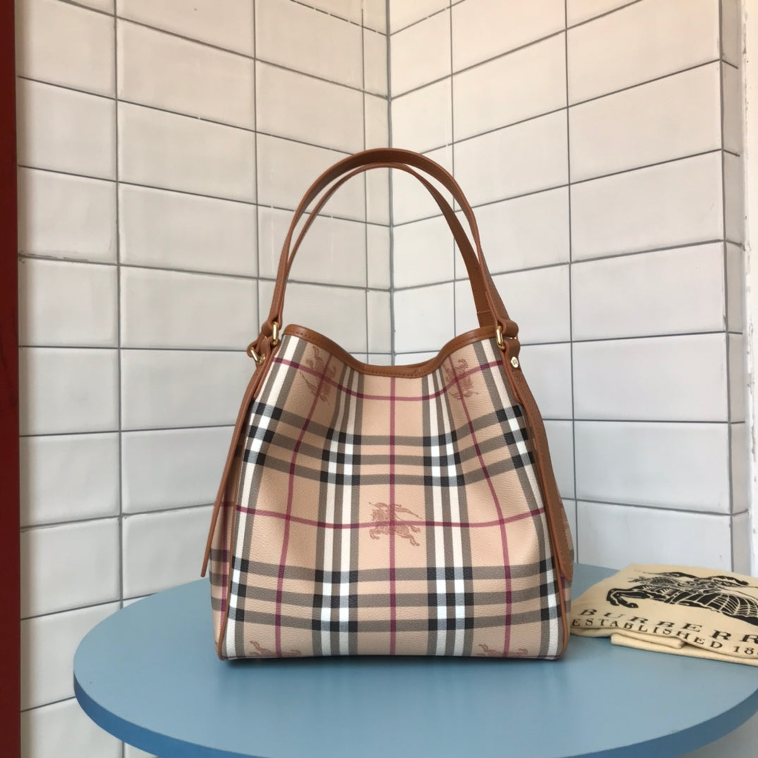 Classic B Family Tote Bag - Plaid PVC with Leather Accents