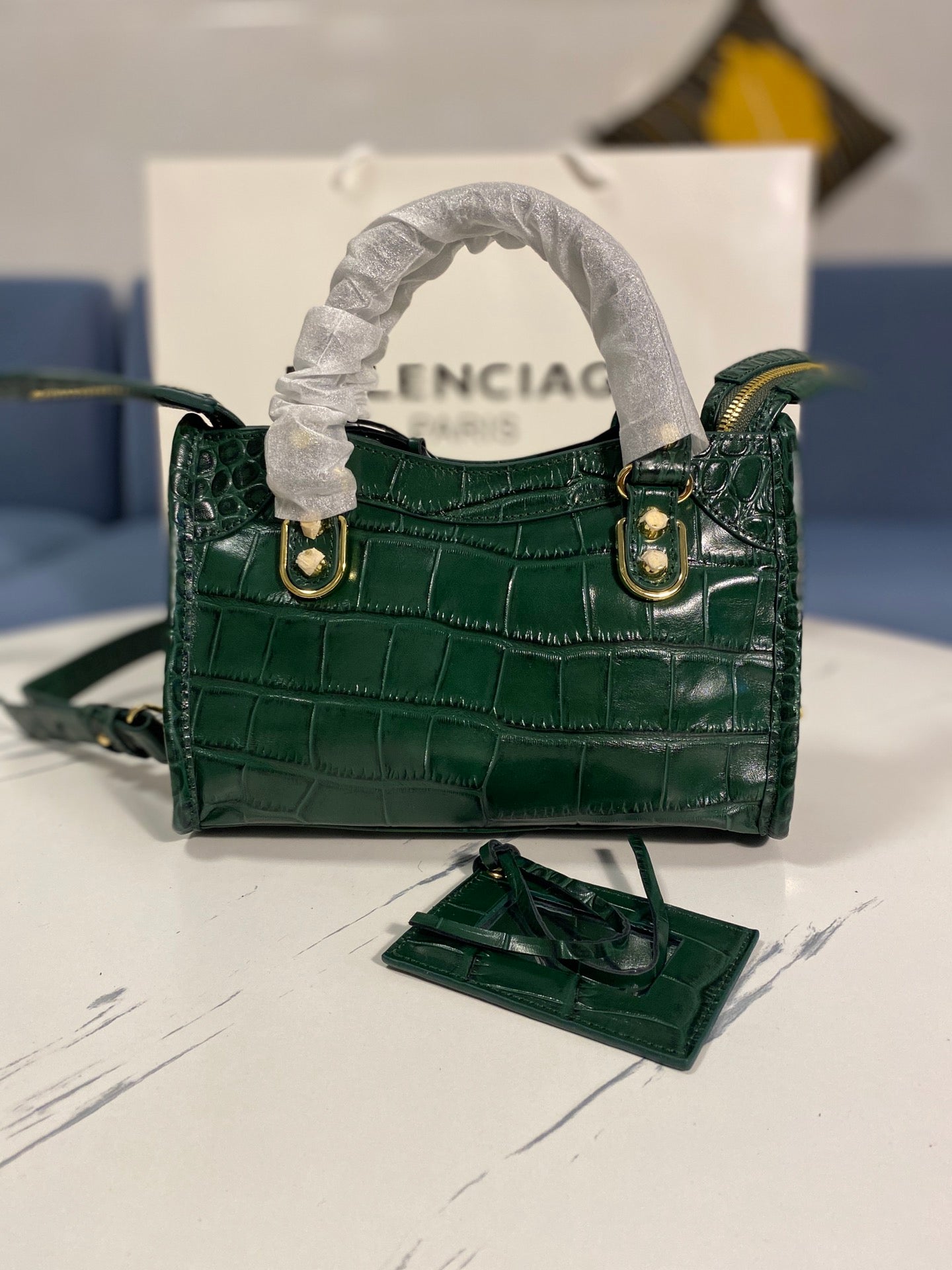 Balenciaga Crocodile Pattern Green Motorcycle Bag - Luxury Calfskin