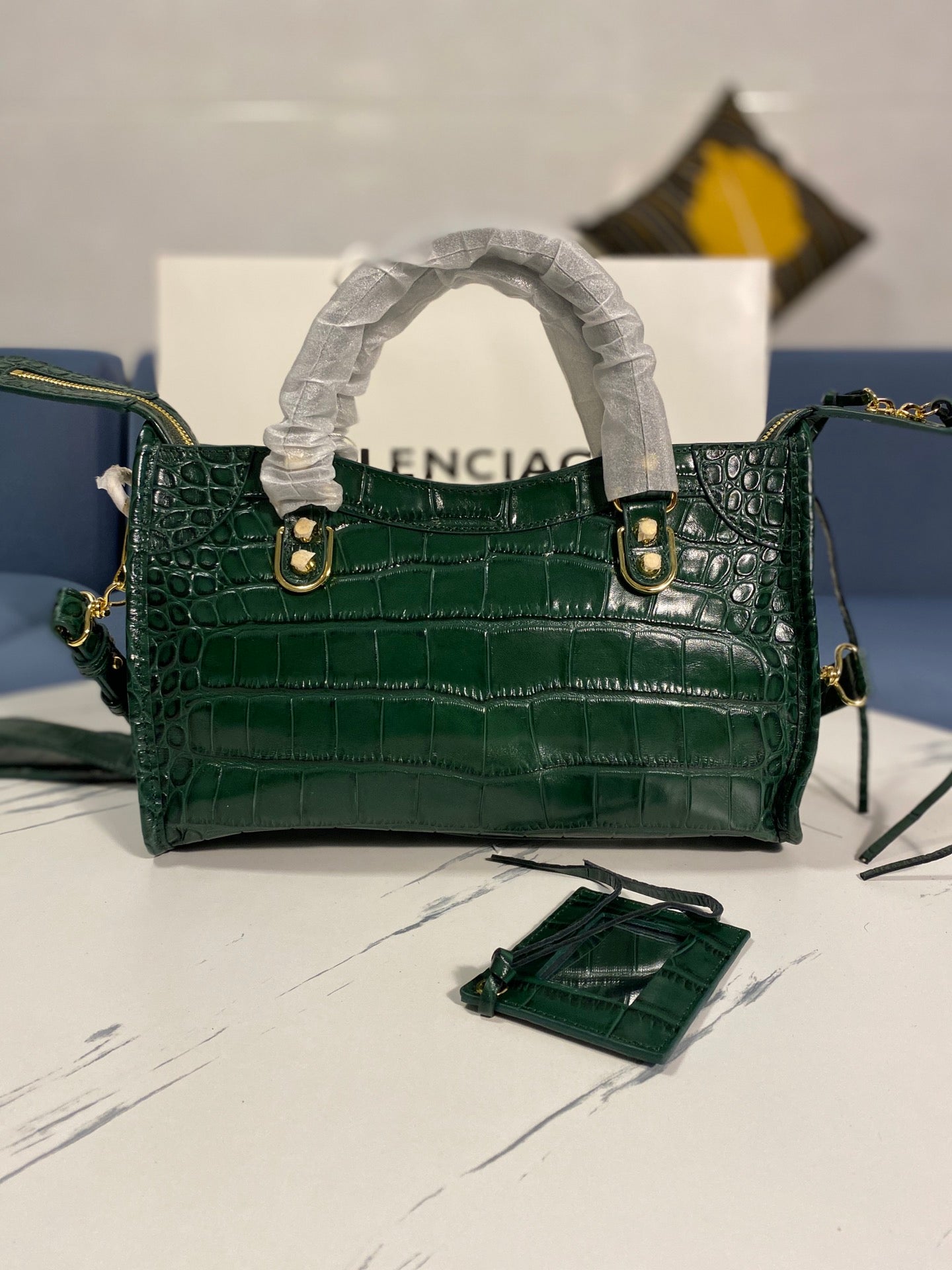 Balenciaga Crocodile Pattern Green Motorcycle Bag