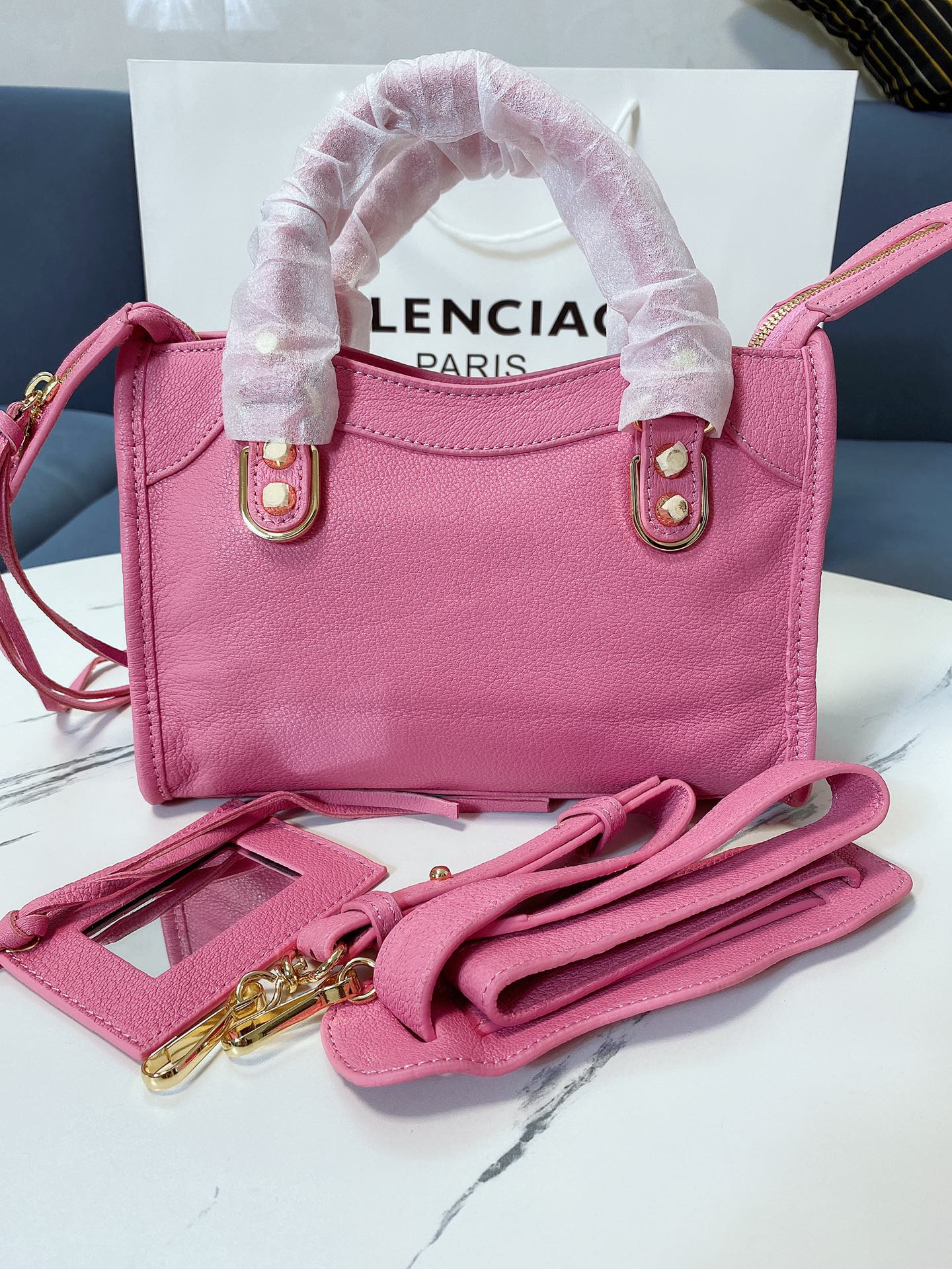 Balenciaga Goatskin Mini Motorcycle Bag with Gold Buckle