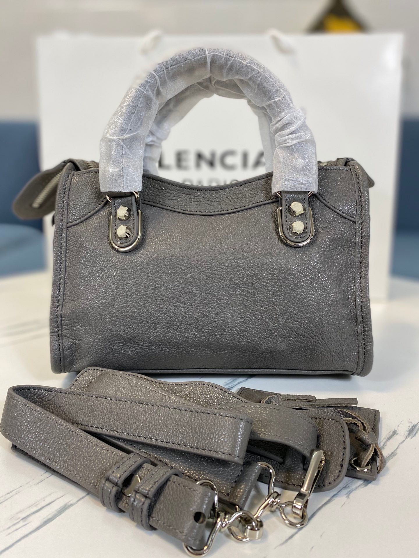 Balenciaga Goatskin Motorcycle Bag - Dark Gray Mini 23cm with Detachable Strap