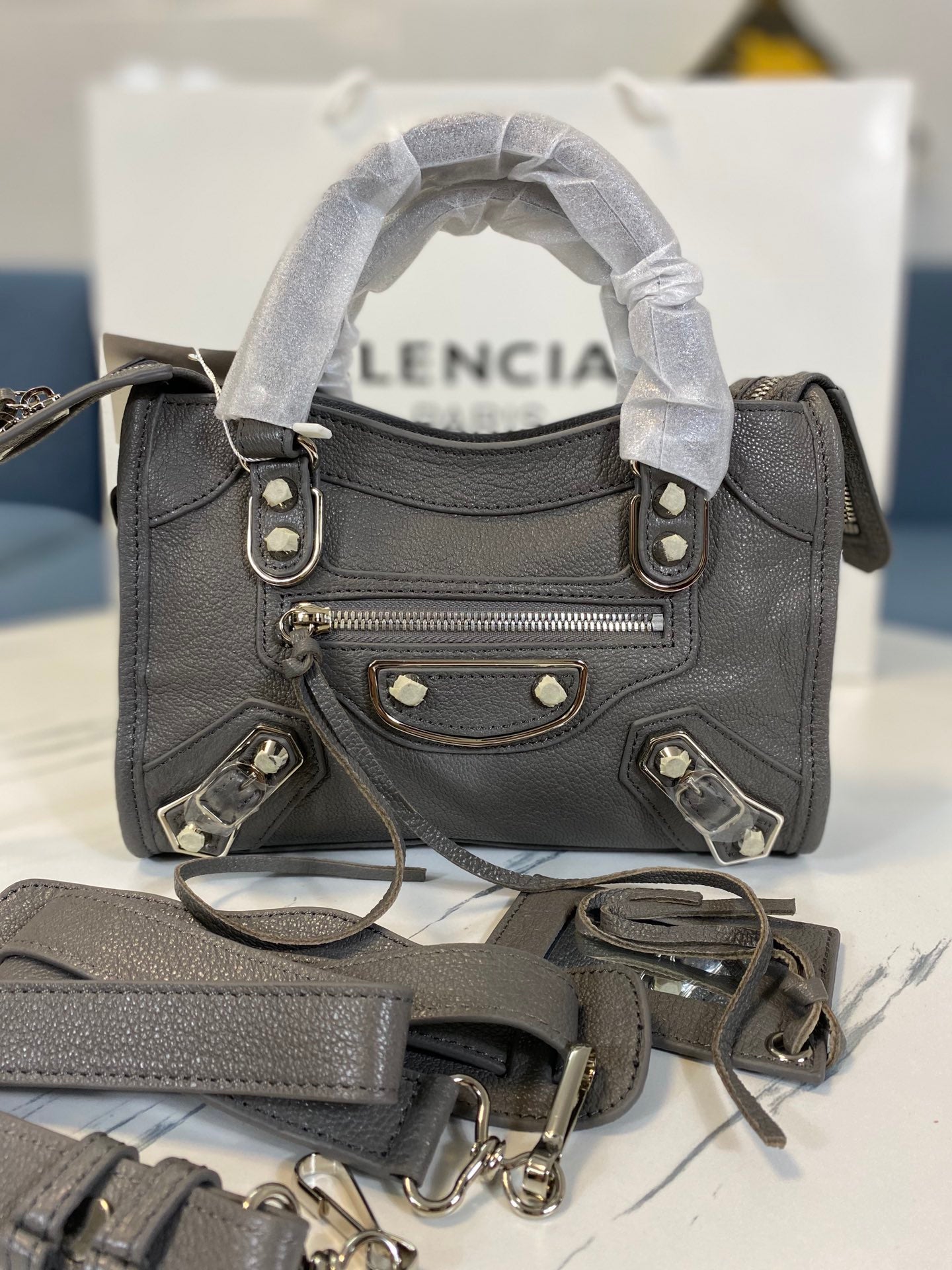 Balenciaga Goatskin Motorcycle Bag - Dark Gray Mini 23cm with Detachable Strap