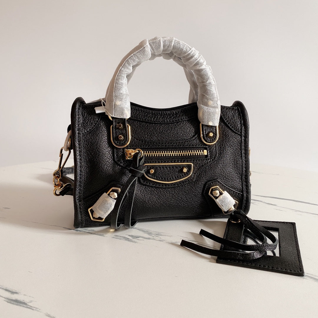 Balenciaga Inspired Black Gold Buckle Motorcycle Bag