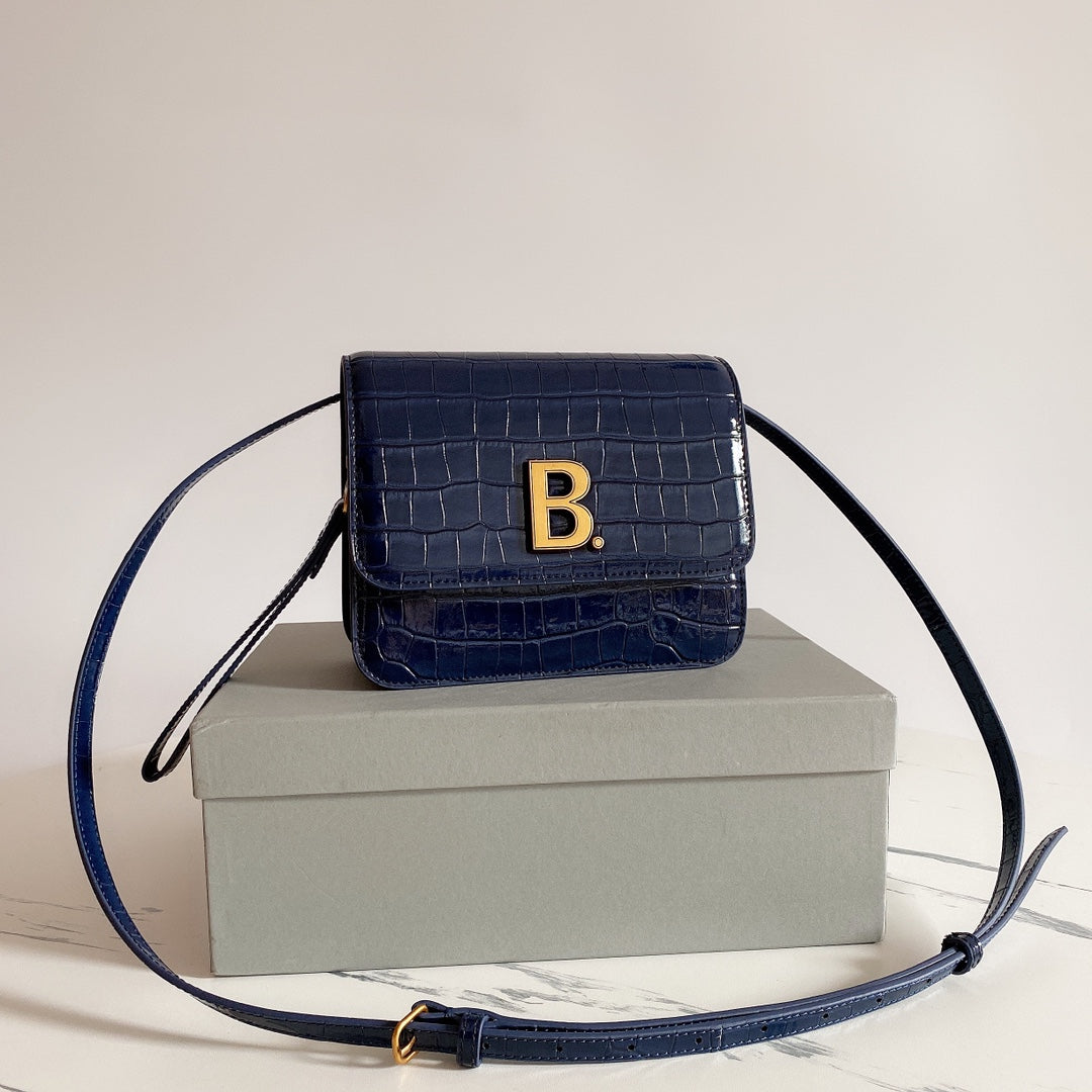 Balenciaga Crocodile Embossed Blue Box Shoulder Bag