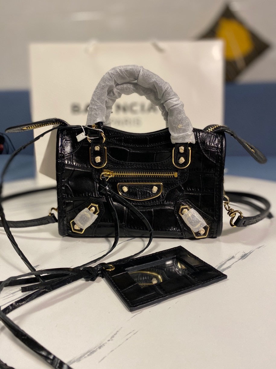 Balenciaga Crocodile Pattern Motorcycle Bag â€“ Luxury Black Calfskin