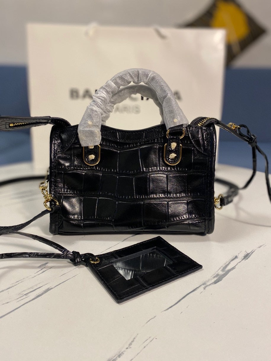 Balenciaga Crocodile Pattern Motorcycle Bag â€“ Luxury Black Calfskin