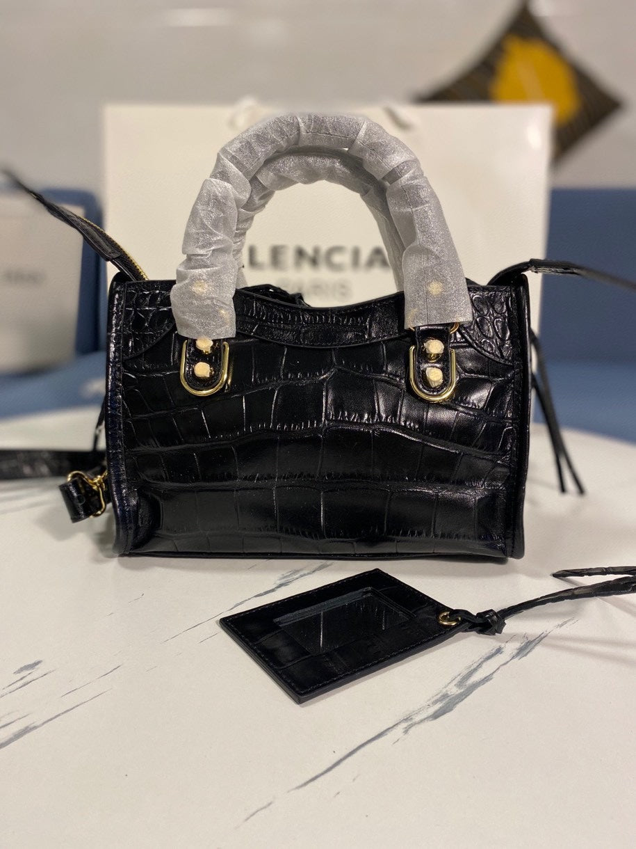 Balenciaga Crocodile-Pattern Motorcycle Bag - Black 23cm