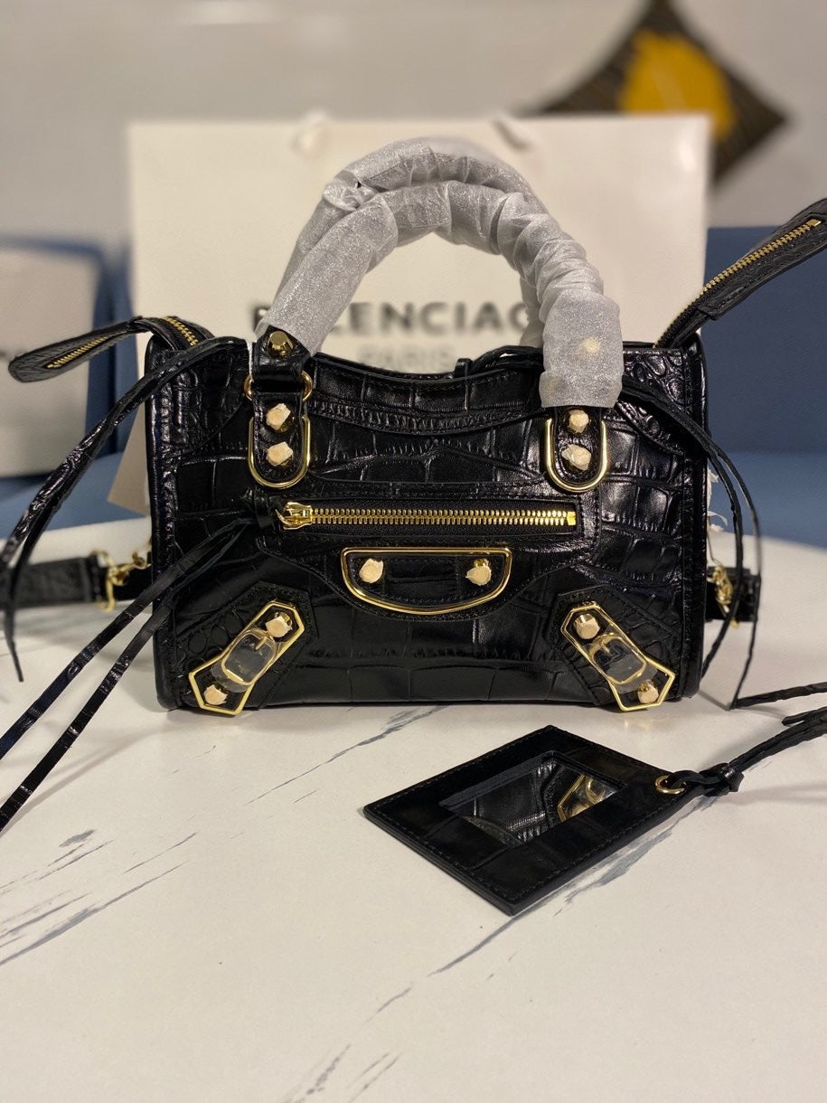 Balenciaga Crocodile-Pattern Motorcycle Bag - Black 23cm