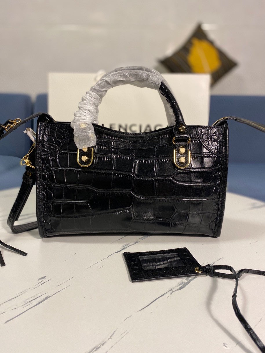 Balenciaga Crocodile Pattern Motorcycle Bag - Black