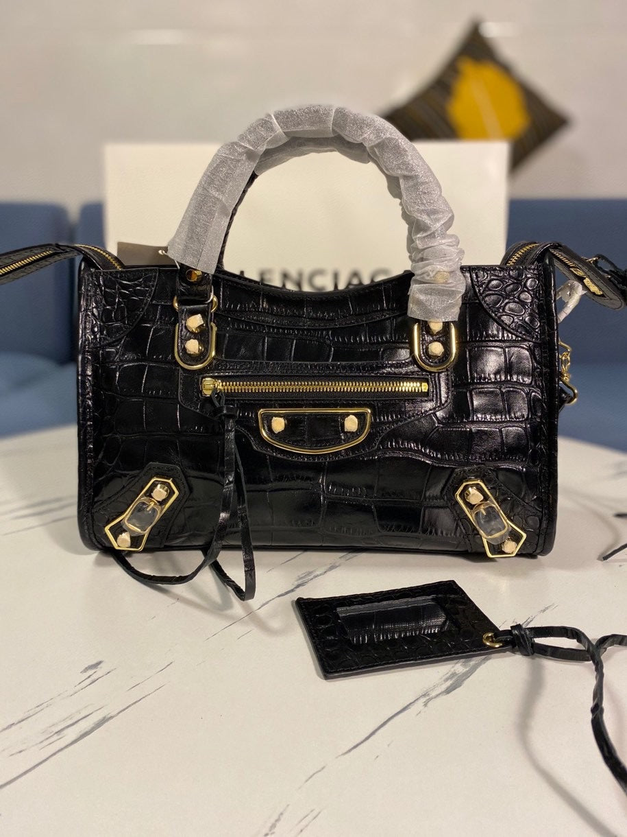 Balenciaga Crocodile Pattern Motorcycle Bag - Black