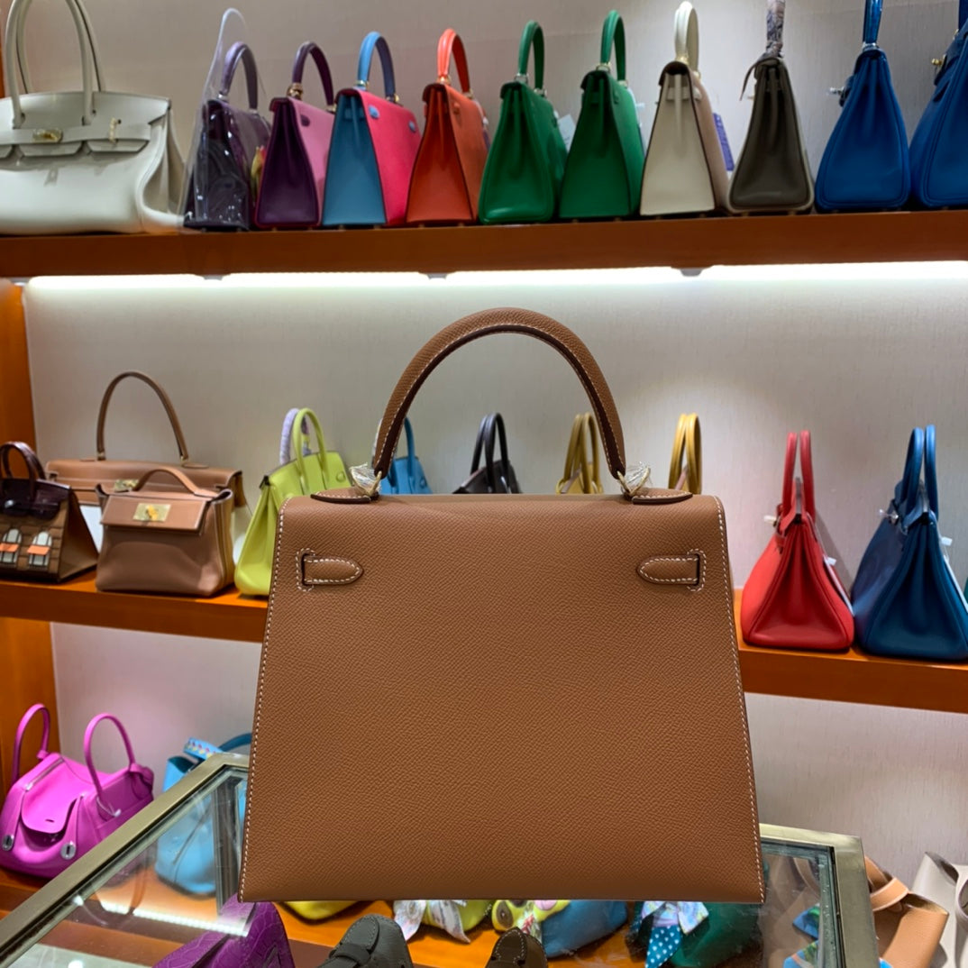 Handmade Kelly 25cm Epsom Bag - Golden Brown with Gold and Silver Buckle