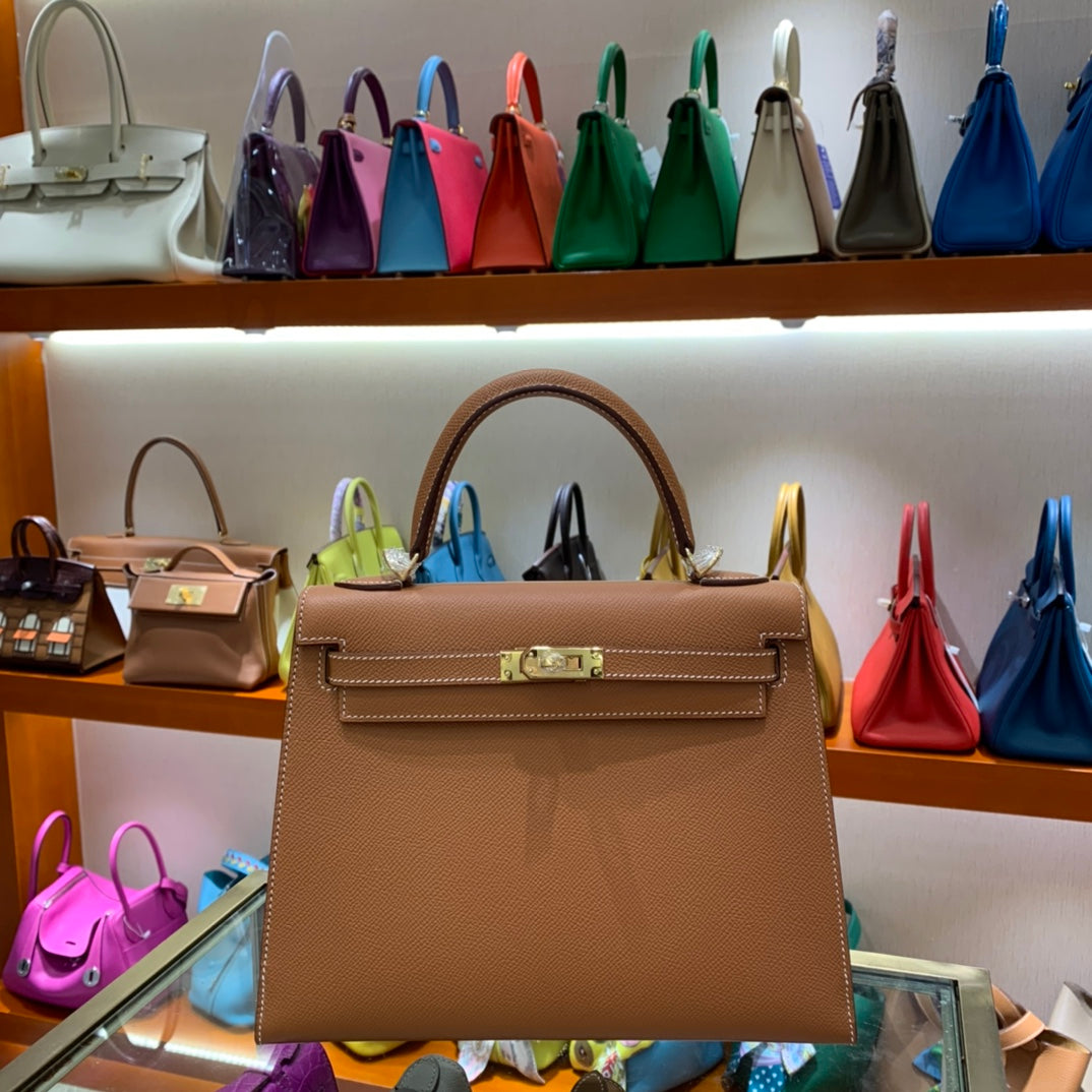 Handmade Kelly 25cm Epsom Bag - Golden Brown with Gold and Silver Buckle