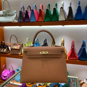 Handmade Kelly 25cm Epsom Bag - Golden Brown with Gold and Silver Buckle