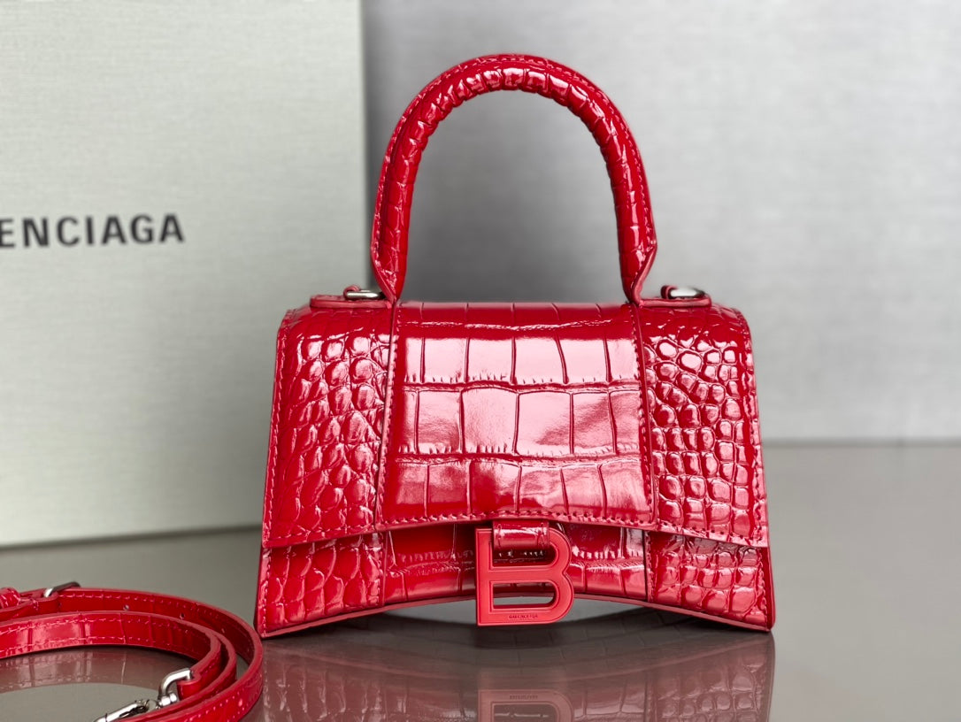 Balenciaga Hourglass XS Crocodile Pattern Bag in Red