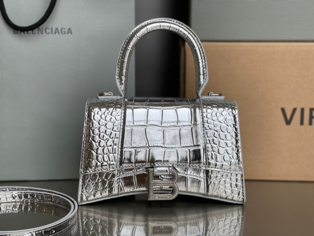 Balenciaga Hourglass Crocodile Pattern XS Bag in Silver