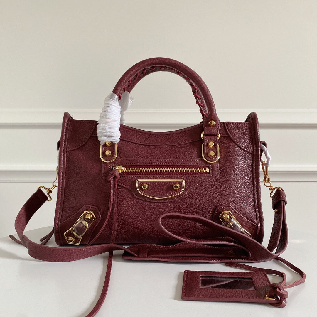 Italian Goatskin Balenciaga Motorcycle Bag - Wine Red with Gold Studs