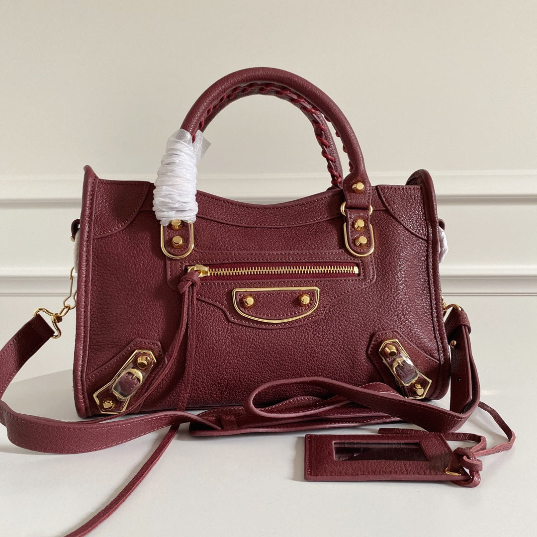 Italian Goatskin Balenciaga Motorcycle Bag - Wine Red with Gold Studs