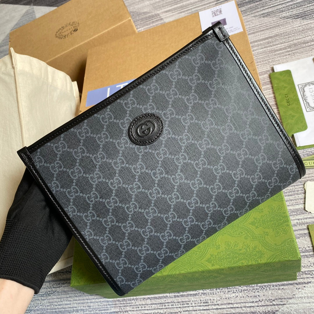 Gucci GG Supreme Black Clutch Bag with Interlocking G Logo