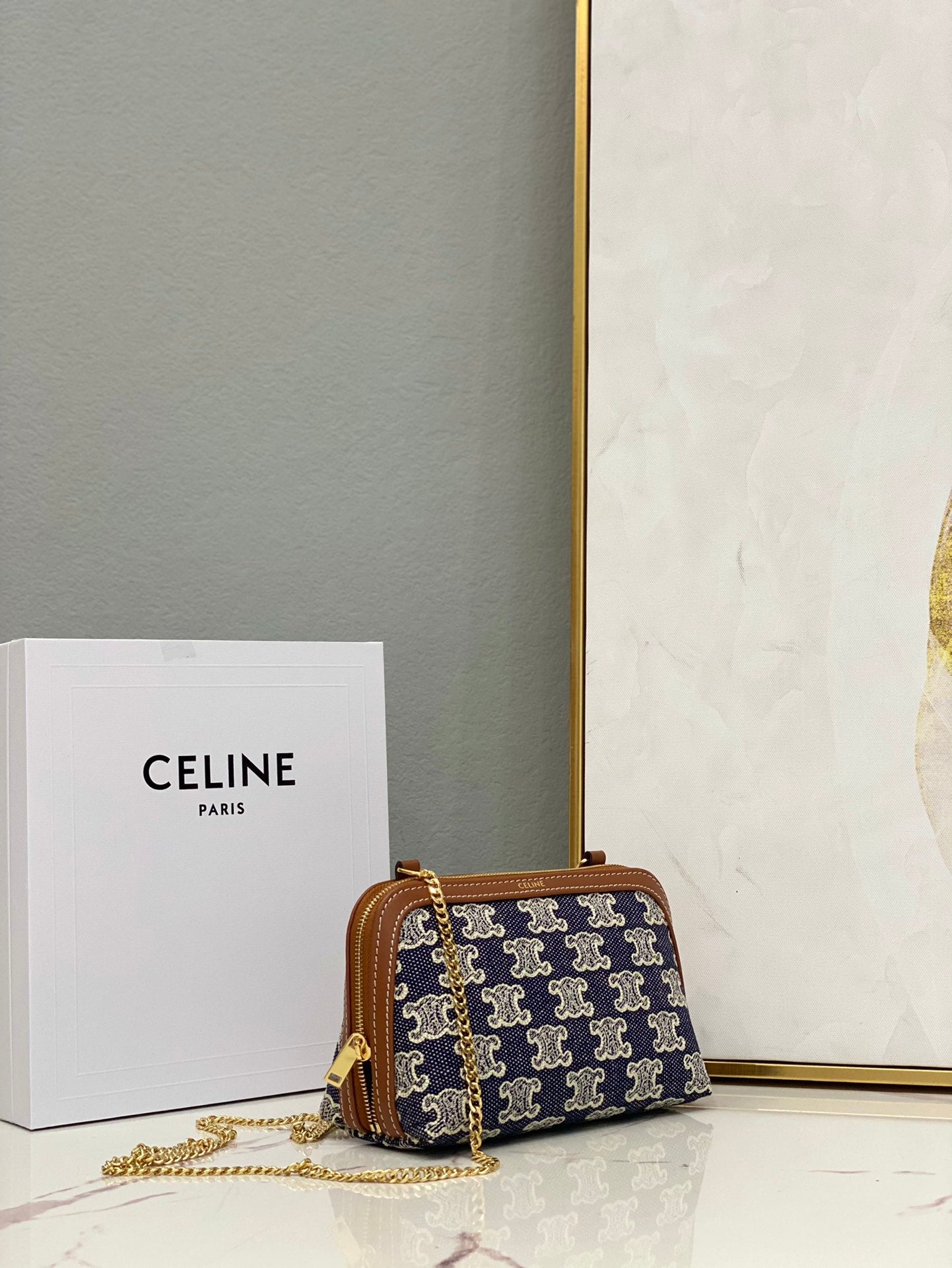 Celine Triomphe Embroidered Fabric Chain Clutch