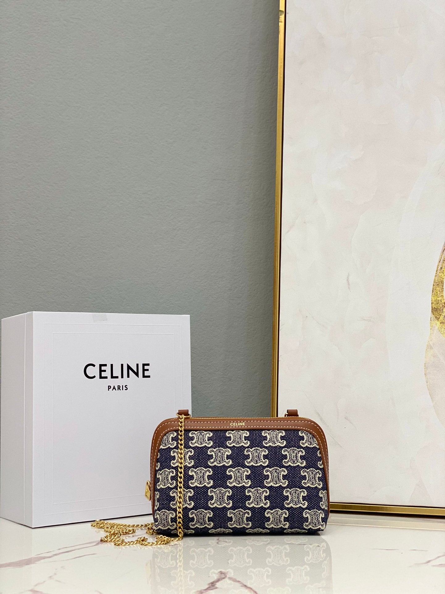 Celine Triomphe Embroidered Fabric Chain Clutch