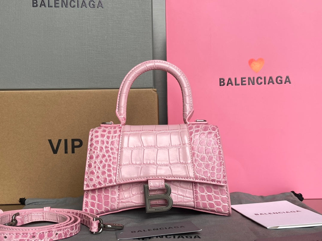 Balenciaga Hourglass Crocodile Pattern Bag - Cherry Blossom Pink