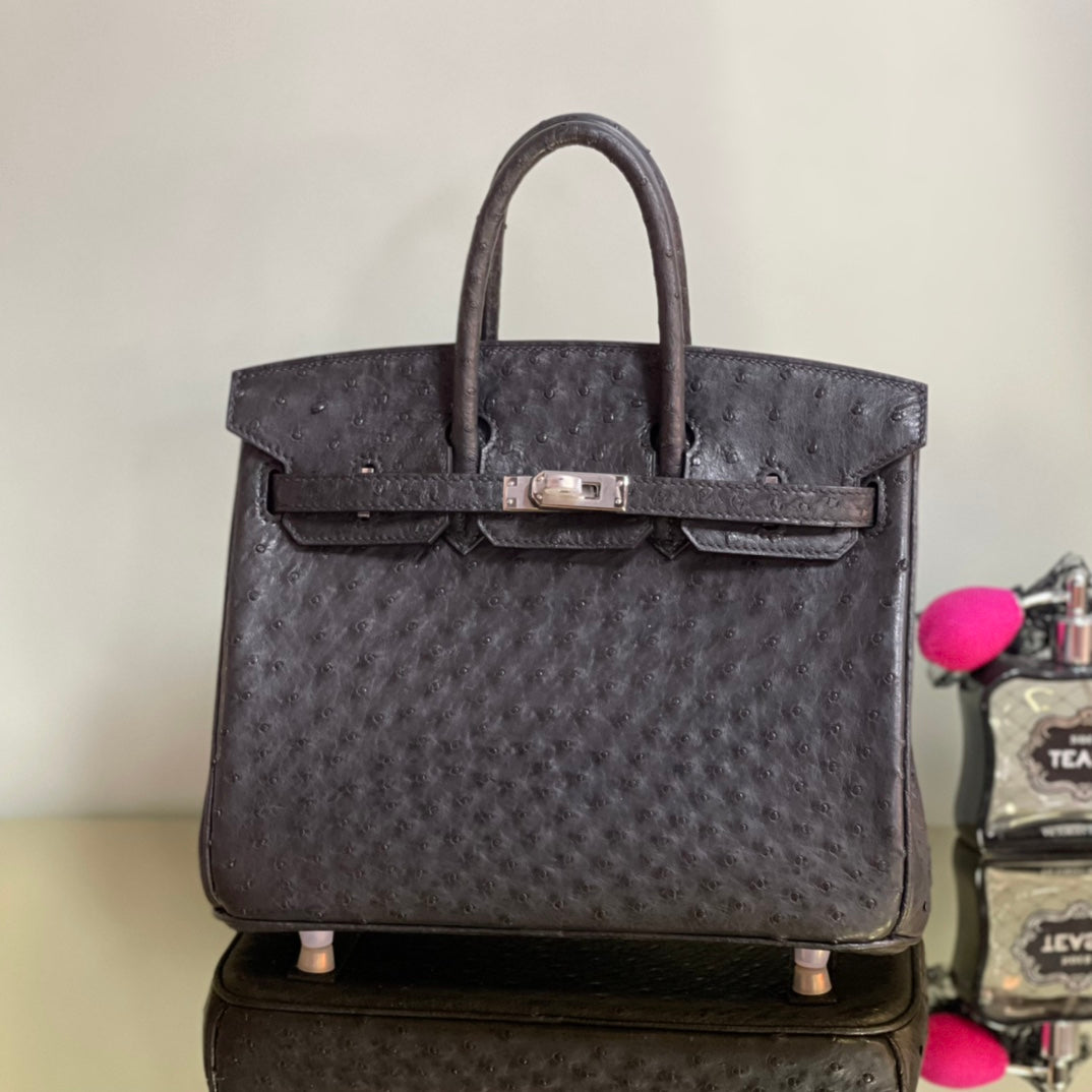 Premium Black Ostrich Leather Belt with Silver Buckle