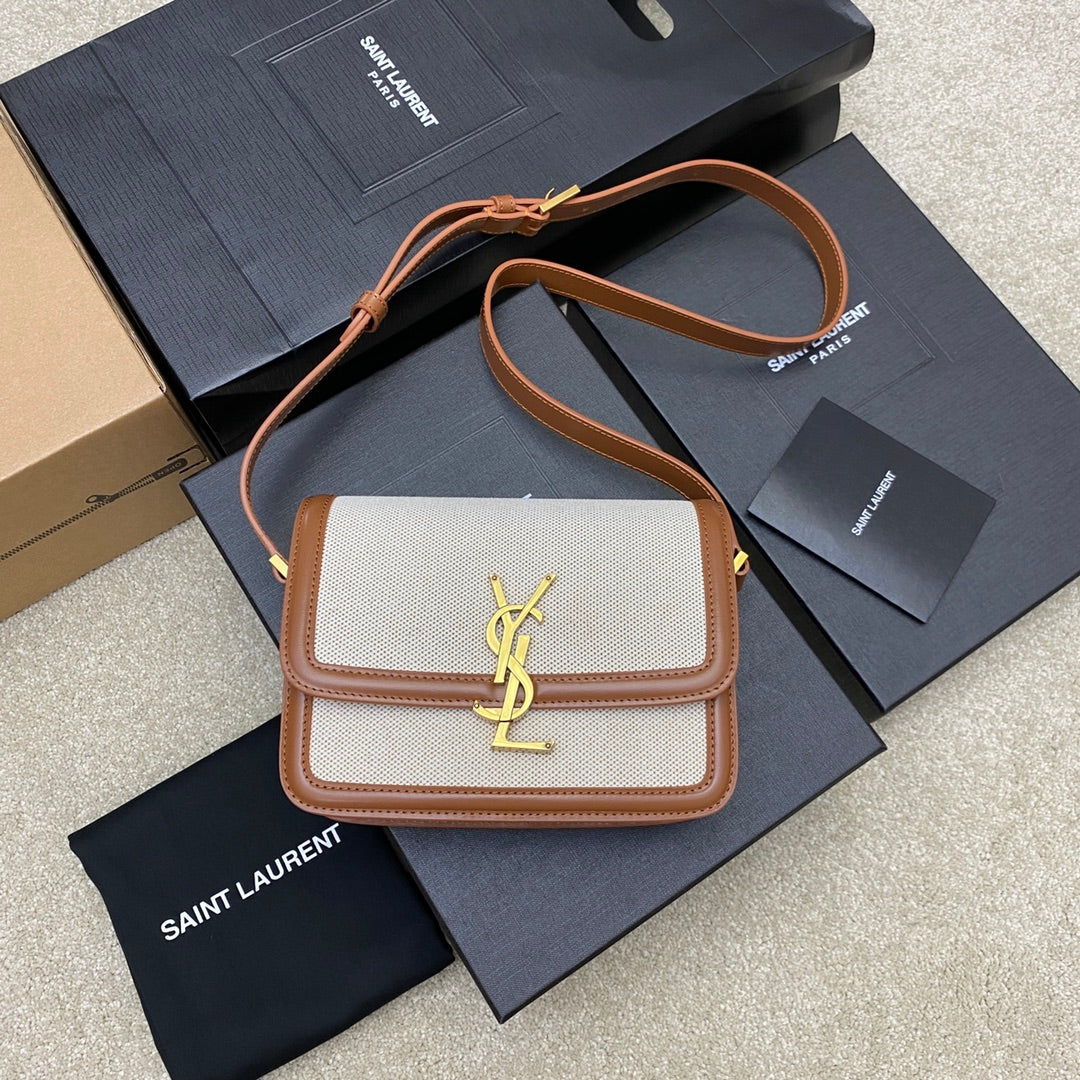 Solferino Box Italian Leather Bag - Brown & Gold