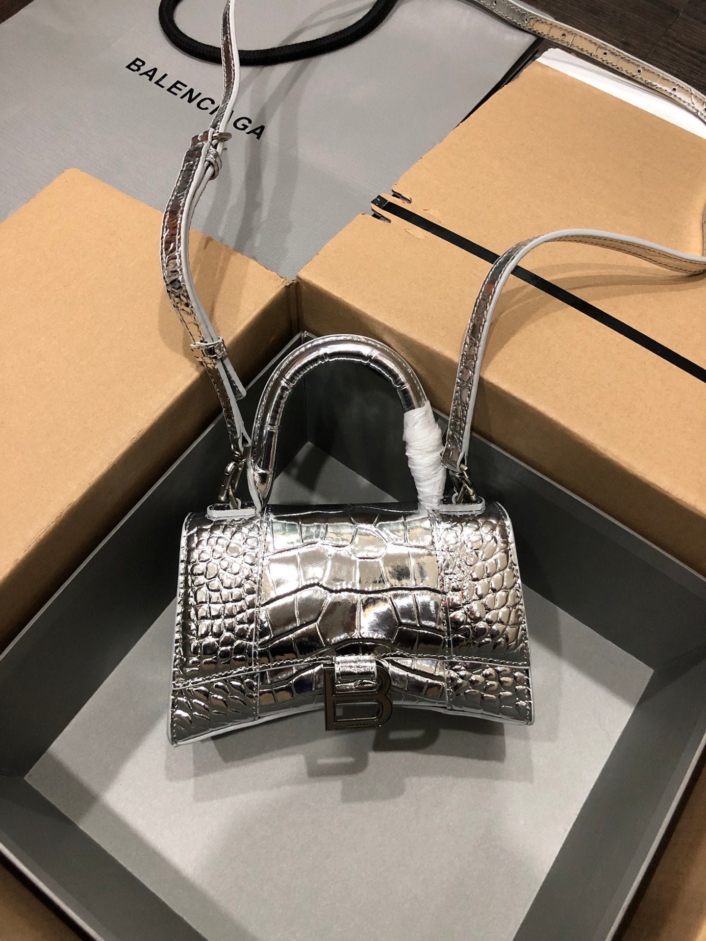 Balenciaga Hourglass Crocodile Silver Buckle Bag