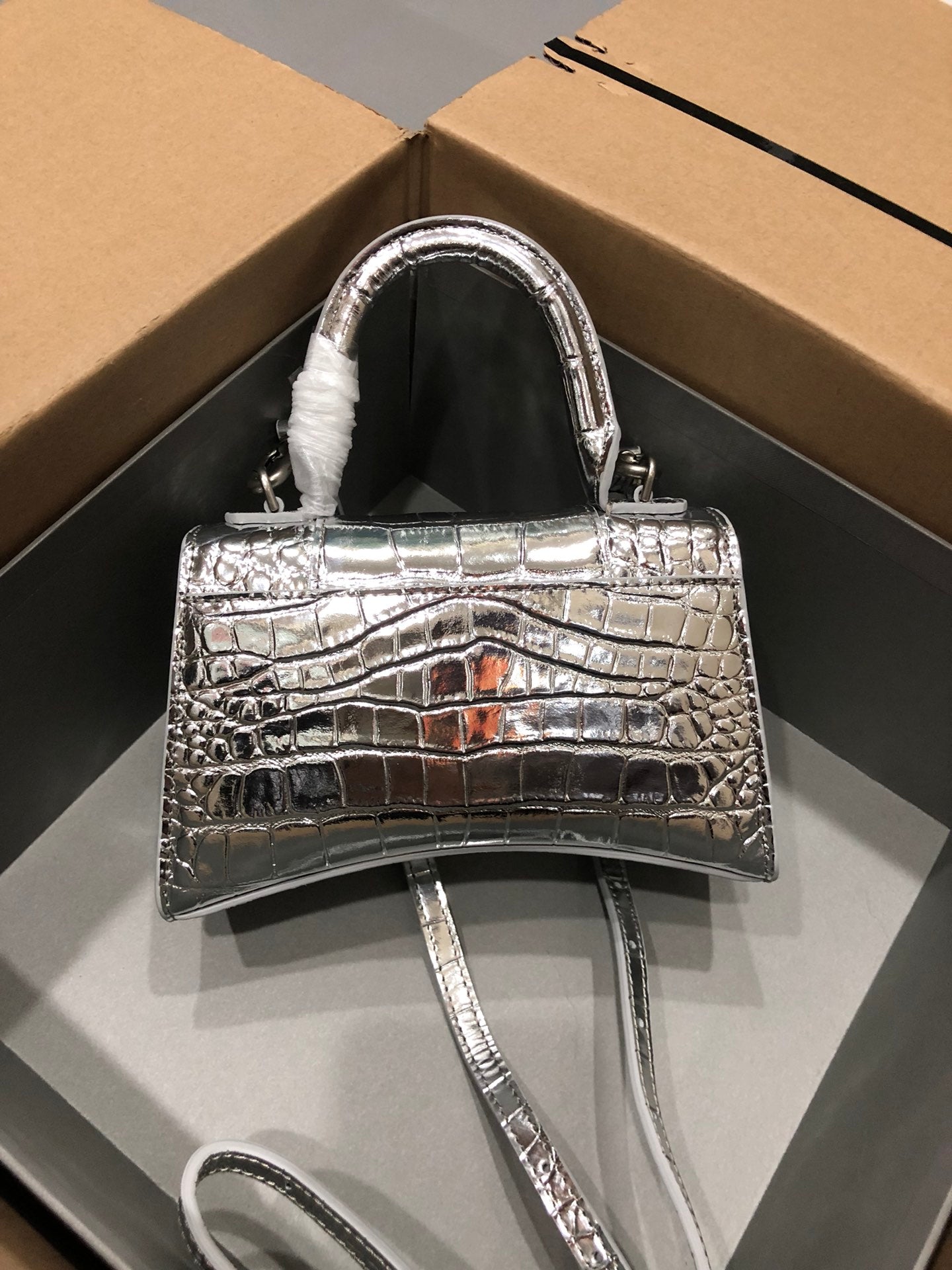Balenciaga Hourglass Crocodile Silver Buckle Bag