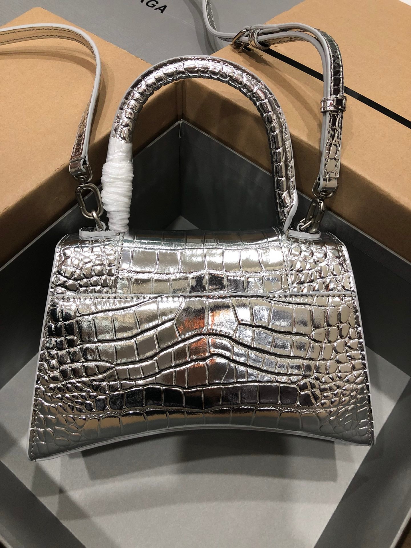 Luxurious Balenciaga Hourglass Crocodile Silver Buckle Bag