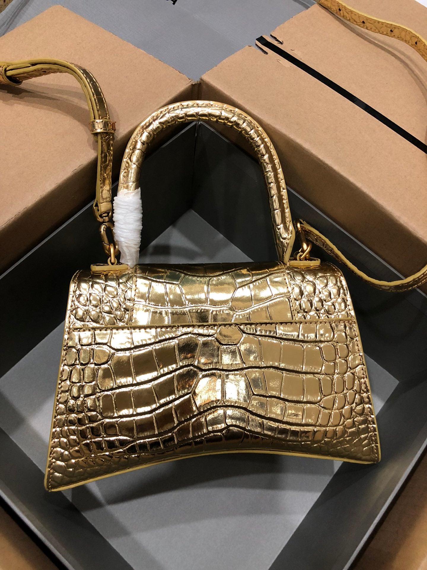 Balenciaga Hourglass Crocodile Bag with Golden Buckle