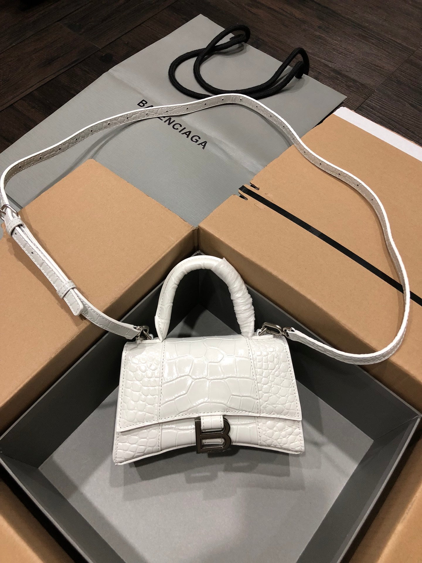 ** Balenciaga Hourglass Bag with Crocodile Print and Silver Buckle

**
