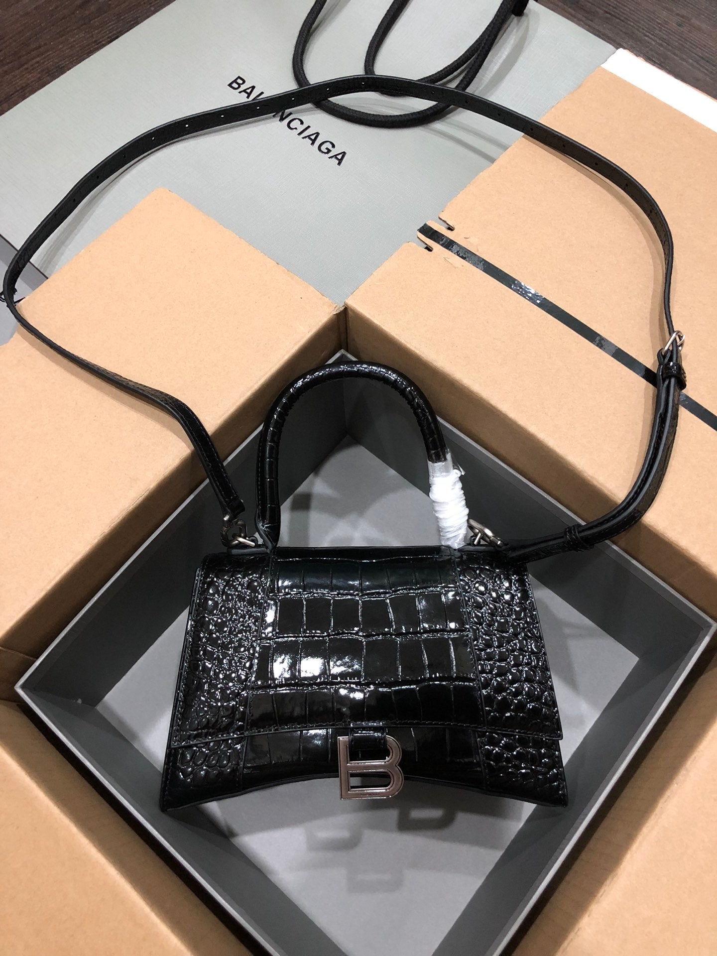 BalenciagÎ± Hourglass Bag - Crocodile Black with Silver Buckle
