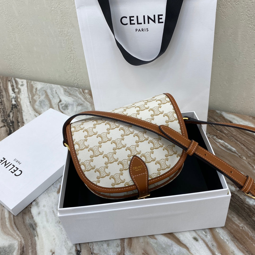 Celine Folco Triomphe Medium Saddle Bag - Upgraded Canvas & Calfskin Handbag