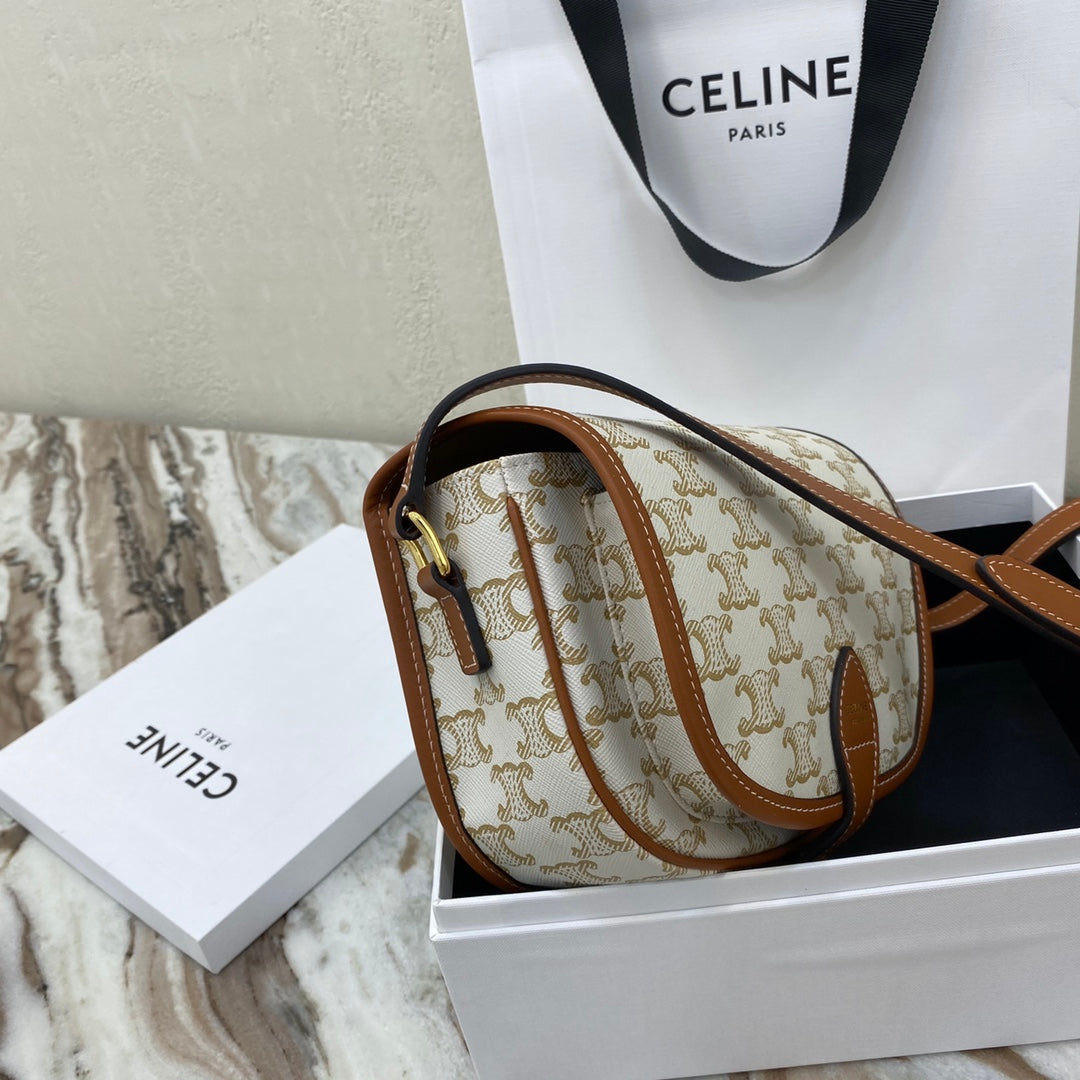 Celine Folco Triomphe Medium Saddle Bag - Upgraded Canvas & Calfskin Handbag
