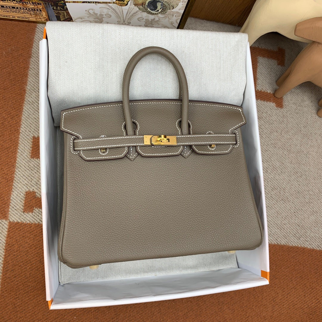 Handmade Birkin 25cm Togo Bag in Elephant Gray with Gold Buckle