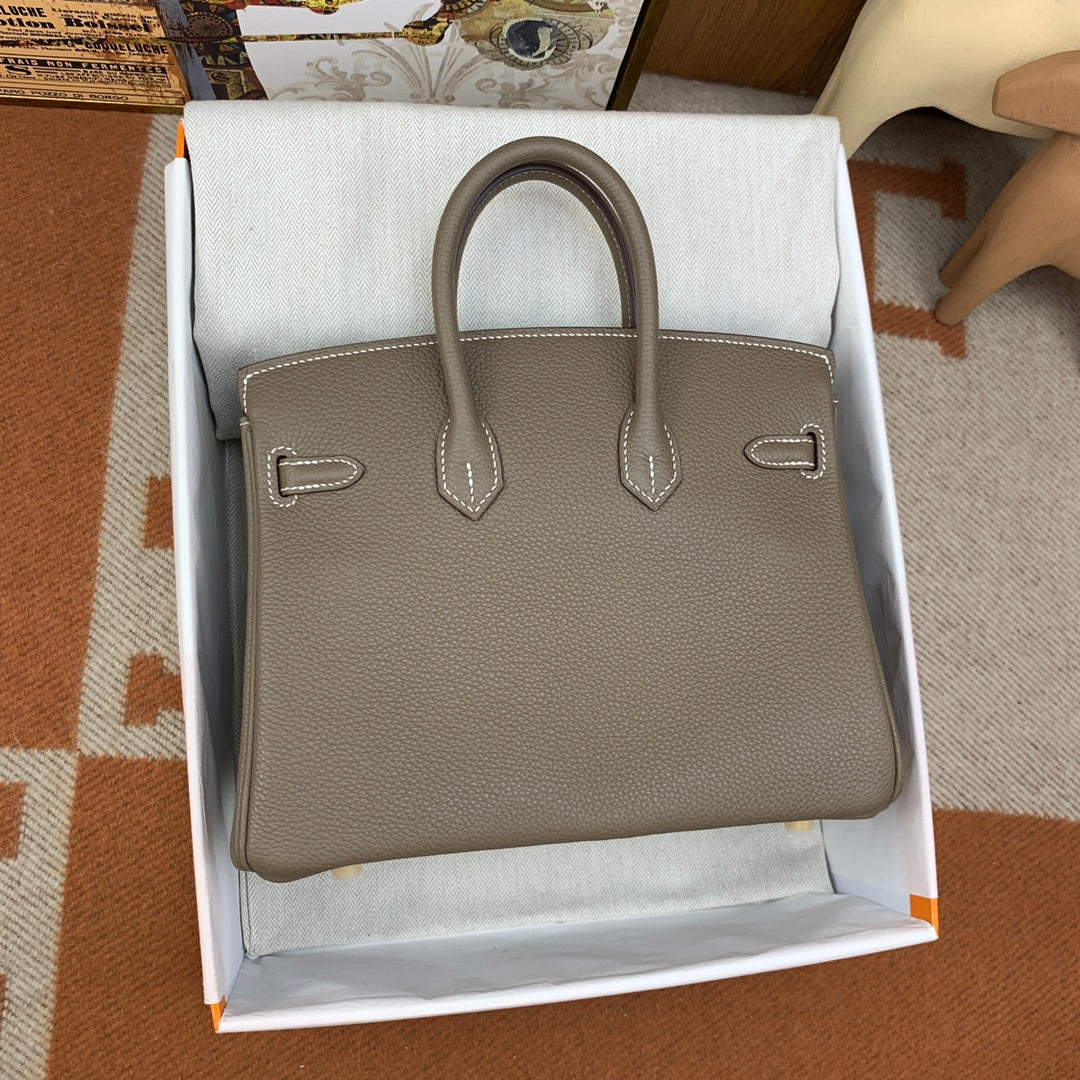 Handmade Birkin 25cm Togo Bag in Elephant Gray with Gold Buckle