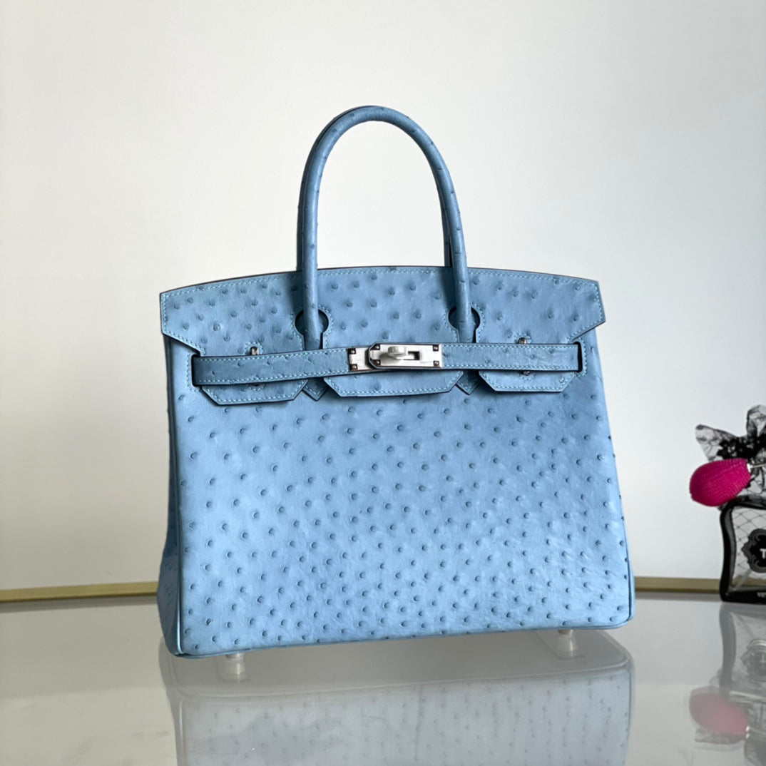 Paradise Blue Ostrich Skin Platinum 30 Bag with Silver Buckle