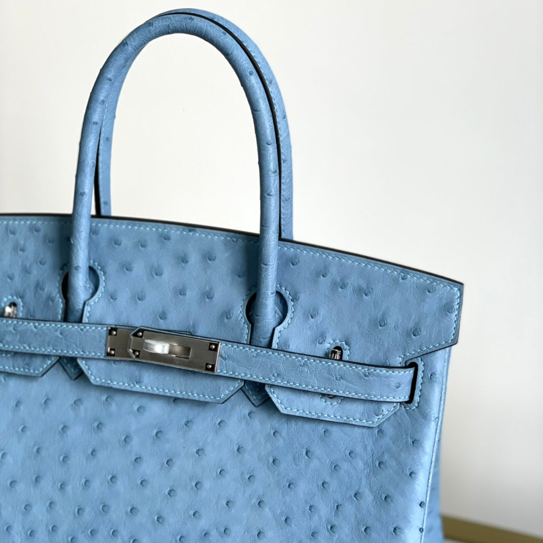 Paradise Blue Ostrich Skin Platinum 30 Bag with Silver Buckle