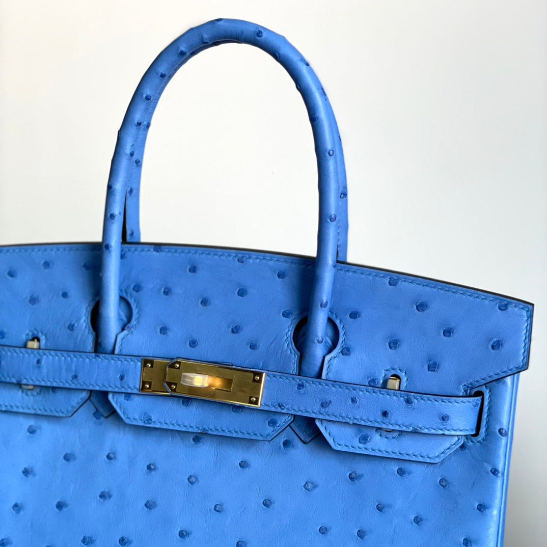 Platinum 30 Ostrich Skin Water Demon Blue Belt with Gold Buckle