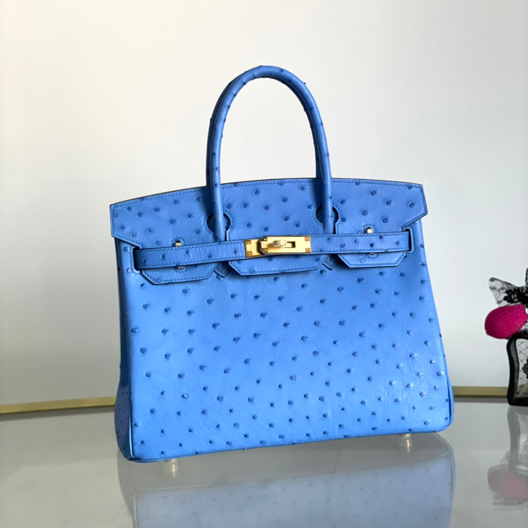 Platinum 30 Ostrich Skin Water Demon Blue Belt with Gold Buckle